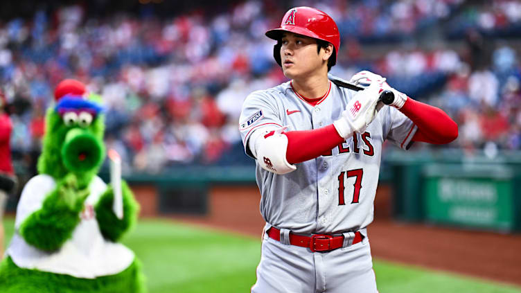 Aug 29, 2023; Philadelphia, Pennsylvania, USA; Los Angeles Angels designated hitter Shohei Ohtani