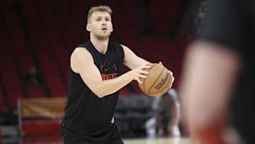 Mar 17, 2025; Houston, Texas, USA; Houston Rockets center Jock Landale (2) warms up before the game against the Philadelphia 76ers at Toyota Center.
