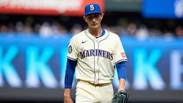 Sep 14, 2025; Seattle, Washington, USA; Seattle Mariners starting pitcher George Kirby (68) walks off the field after throwing against the Los Angeles Angels during the fourth inning at T-Mobile Park. Mandatory Credit: John Froschauer-Imagn Images