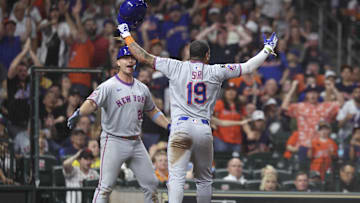 Mar 29, 2025; Houston, Texas, USA; New York Mets center fielder Jose Siri (19) reacts with first baseman Pete Alonso (20) after scoring a run during the sixth inning against the Houston Astros at Daikin Park. Mandatory Credit: Troy Taormina-Imagn Images