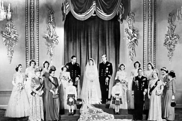 A family portrait in the Throne Room at Buckingham Palace on the wedding day of Elizabeth and Philip on November 20, 1947.