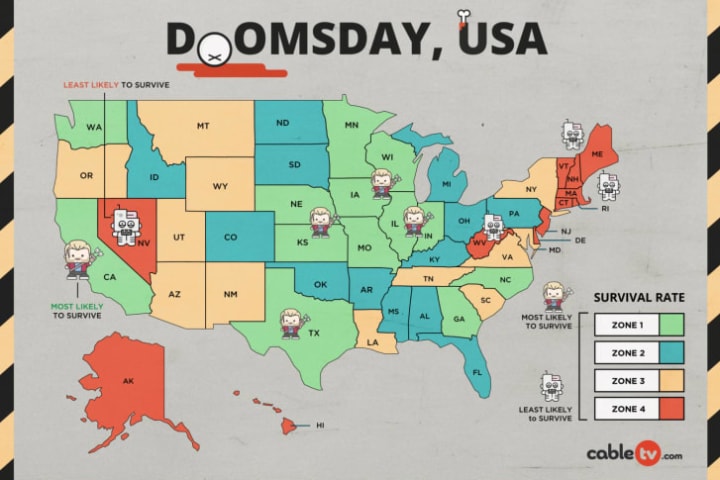 Map of the best states for surviving a zombie apocalypse.
