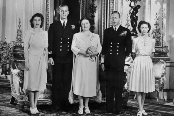 Princess Elizabeth, Philip Mountbatten, Queen Elizabeth, King George VI, and Princess Margaret