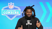 Feb 28, 2024; Indianapolis, IN, USA; Illinois defensive lineman Johnny Newton (DL20) speaks at a press conference at the NFL Scouting Combine at Indiana Convention Center. Mandatory Credit: Kirby Lee-Imagn Images
