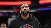 Philadelphia 76ers center Joel Embiid looks on after the game against the Milwaukee Bucks at Wells Fargo Center.