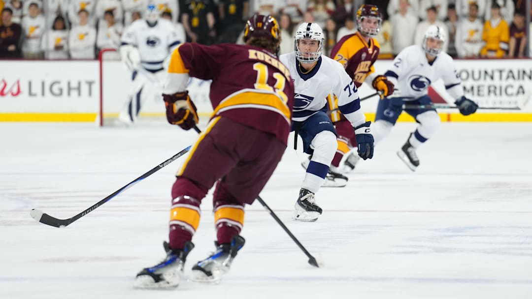 Oct 3, 2025; Tempe, AZ, USA; Arizona State Sun Devils defenseman Lincoln Kuehne (11) in action against the Penn State Nittany Lions during the first period at Mullett Arena.