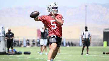 Jun 10, 2025; Henderson, NV, USA; Las Vegas Raiders quarterback Cam Miller (5) throws the ball during Las Vegas Raiders Minicamp at Intermountain Health Performance Center. Mandatory Credit: Candice Ward-Imagn Images