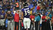 Aug 7, 2025; Baltimore, Maryland, USA; Baltimore Ravens safety Keondre Jackson (39) celebrates after defeating the Indianapolis Colts at M&T Bank Stadium. Mandatory Credit: Rafael Suanes-Imagn Images