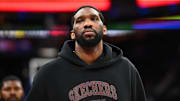 Philadelphia 76ers center Joel Embiid looks on after the game against the Milwaukee Bucks.