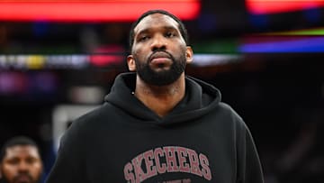 Philadelphia 76ers center Joel Embiid looks on after the game against the Milwaukee Bucks.