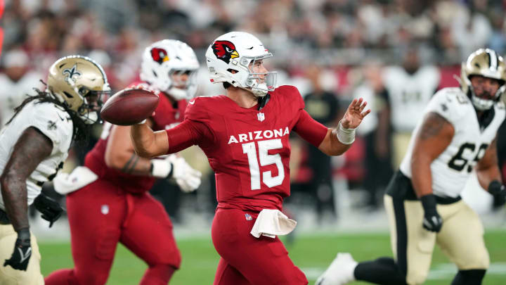 Aug 10, 2024; Glendale, Arizona, USA; Arizona Cardinals quarterback Clayton Tune (15) throws against the New Orleans Saints during the second half at State Farm Stadium. Mandatory Credit: Joe Camporeale-USA TODAY Sports