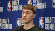May 14, 2025; Chicago, Il, USA; Cooper Flagg talks to the media during the 2025 NBA Draft Combine at Marriott Marquis Chicago. Mandatory Credit: David Banks-Imagn Images