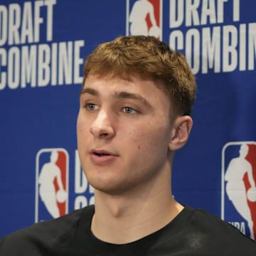 May 14, 2025; Chicago, Il, USA; Cooper Flagg talks to the media during the 2025 NBA Draft Combine at Marriott Marquis Chicago. Mandatory Credit: David Banks-Imagn Images