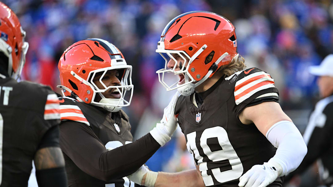 Dec 21, 2025; Cleveland, Ohio, USA;  Cleveland Browns linebacker Carson Schwesinger (49) reacts after his sack with teammates after a sack against the Buffalo Bills during the second half at Huntington Bank Field. Mandatory Credit: Ken Blaze-Imagn Images