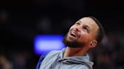 Oct 24, 2025; Portland, Oregon, USA;  Golden State Warriors guard Stephen Curry (30) reacts after missing a shot during shoot around before playing against the Portland Trail Blazers at Moda Center. Mandatory Credit: Jaime Valdez-Imagn Images