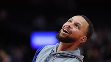 Oct 24, 2025; Portland, Oregon, USA;  Golden State Warriors guard Stephen Curry (30) reacts after missing a shot during shoot around before playing against the Portland Trail Blazers at Moda Center. Mandatory Credit: Jaime Valdez-Imagn Images