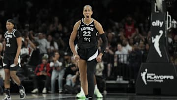 Sep 18, 2025; Las Vegas, Nevada, USA; Las Vegas Aces center A'ja Wilson (22) reacts to a play in the second quarter against the Seattle Storm during game three of round one for the 2025 WNBA Playoffs at Michelob Ultra Arena. Mandatory Credit: Candice Ward-Imagn Images
