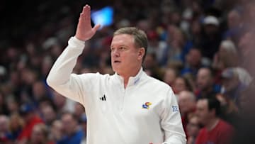 Jan 28, 2025; Lawrence, Kansas, USA; Kansas Jayhawks head coach Bill Self gestures to players against the UCF Knights during the first half at Allen Fieldhouse. Mandatory Credit: Denny Medley-Imagn Images
