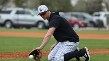 Feb 20, 2025; Tampa, FL, USA; New York Yankees third base DJ LeMahieu (26) during work outs at George M. Steinbrenner Field. Mandatory Credit: Kim Klement Neitzel-Imagn Images
