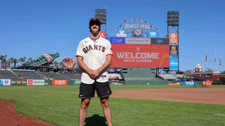 Jul 26, 2023; San Francisco, California, USA; San Francisco Giants 2023 first-round pick Bryce Eldridge before the game against the Oakland Athletics at Oracle Park. 