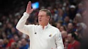 Jan 28, 2025; Lawrence, Kansas, USA; Kansas Jayhawks head coach Bill Self gestures to players against the UCF Knights during the first half at Allen Fieldhouse. Mandatory Credit: Denny Medley-Imagn Images