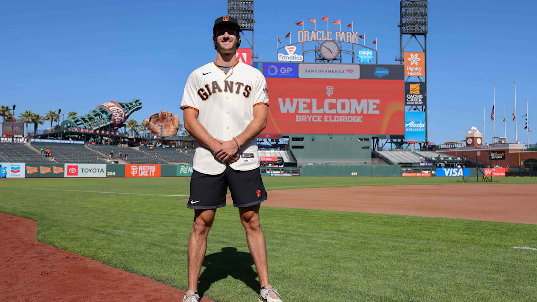 Jul 26, 2023; San Francisco, California, USA; San Francisco Giants 2023 first-round pick Bryce Eldridge before the game against the Oakland Athletics at Oracle Park. Mandatory Credit: Sergio Estrada-Imagn Images