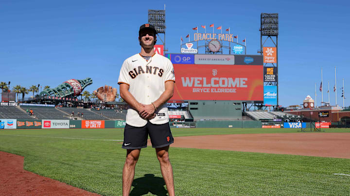 Jul 26, 2023; San Francisco, California, USA; San Francisco Giants 2023 first-round pick Bryce Eldridge before the game against the Oakland Athletics at Oracle Park.