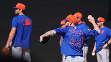 Feb 16, 2025; Port St. Lucie, FL, USA; New York Mets pitcher Chris Devenski (49) pitches in the bullpen during spring training. Mandatory Credit: Jim Rassol-Imagn Images
