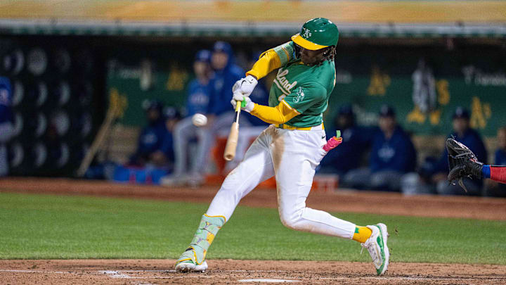 Lawrence Butler doubles during the Athletics' 5–4 win over the Rangers on Sept. 24, 2024. Lawrence Butler doubles during the Athletics' 5–4 win over the Rangers on Sept. 24, 2024.