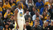 Apr 26, 2025; San Francisco, California, USA; Golden State Warriors forward Jonathan Kuminga (00) during the second quarter of game three of first round for the 2024 NBA Playoffs against the Houston Rockets at Chase Center. Mandatory Credit: Darren Yamashita-Imagn Images
