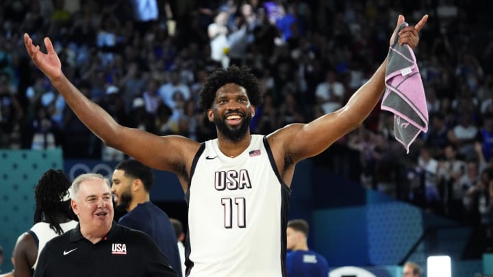 United States center Joel Embiid (11) celebrates after the game against Serbia in a men's basketball semifinal game during the Paris 2024 Olympic Summer Games at Accor Arena. Mandatory Credit: