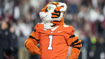 Nov 25, 2023; Columbia, South Carolina, USA; Clemson Tigers mascot Tiger performs in the second half against the South Carolina Gamecocks at Williams-Brice Stadium. Mandatory Credit: David Yeazell-Imagn Images