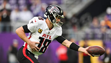 Dec 8, 2024; Minneapolis, Minnesota, USA; Atlanta Falcons quarterback Kirk Cousins (18) warms up before the game against the Minnesota Vikings at U.S. Bank Stadium. Mandatory Credit: Jeffrey Becker-Imagn Images