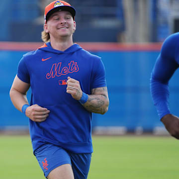 Feb 13, 2025; Port St. Lucie, FL, USA; New York Mets infielder Jett Williams (90) participates in Spring Training activities. Mandatory Credit: Jim Rassol-Imagn Images