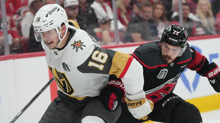 Jun 4, 2026; Raleigh, North Carolina, USA; Vegas Golden Knights right wing Pavel Dorofeyev (16) battles for the puck against Carolina Hurricanes center Logan Stankoven (22) during the second period in game two of the 2026 Stanley Cup Final at Lenovo Center. Jun 4, 2026; Raleigh, North Carolina, USA; Vegas Golden Knights right wing Pavel Dorofeyev (16) battles for the puck against Carolina Hurricanes center Logan Stankoven (22) during the second period in game two of the 2026 Stanley Cup Final at Lenovo Center.