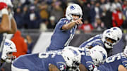 Nov 13, 2025; Foxborough, Massachusetts, USA; New England Patriots quarterback Drake Maye (10) makes a call during the first half against the New York Jets at Gillette Stadium. Mandatory Credit: Eric Canha-Imagn Images