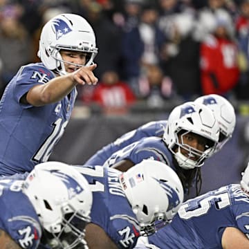 Nov 13, 2025; Foxborough, Massachusetts, USA; New England Patriots quarterback Drake Maye (10) makes a call during the first half against the New York Jets at Gillette Stadium. Mandatory Credit: Eric Canha-Imagn Images