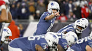 Nov 13, 2025; Foxborough, Massachusetts, USA; New England Patriots quarterback Drake Maye (10) makes a call during the first half against the New York Jets at Gillette Stadium. Mandatory Credit: Eric Canha-Imagn Images