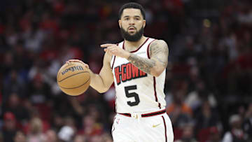Mar 23, 2025; Houston, Texas, USA; Houston Rockets guard Fred VanVleet (5) brings the ball up the court during the game against the Denver Nuggets at Toyota Center. Mandatory Credit: Troy Taormina-Imagn Images