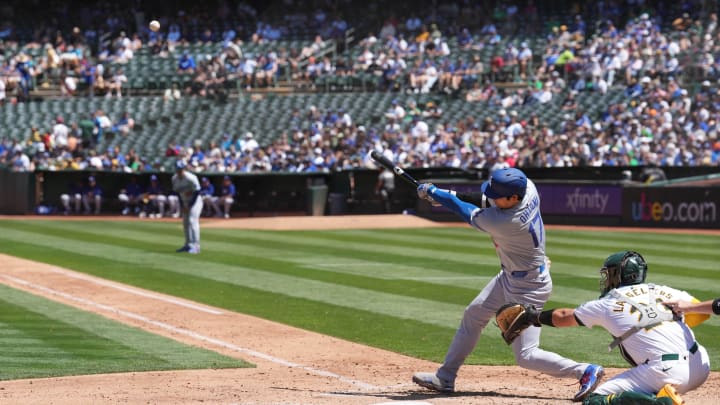 Shohei Ohtani bats in one of the final games at Oakland Coliseum. 