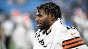 Aug 8, 2025; Charlotte, North Carolina, USA;  Cleveland Browns quarterback Shedeur Sanders (12) on thesidelines in the fourth quarter at Bank of America Stadium. Mandatory Credit: Bob Donnan-Imagn Images