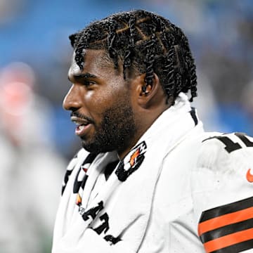 Aug 8, 2025; Charlotte, North Carolina, USA;  Cleveland Browns quarterback Shedeur Sanders (12) on thesidelines in the fourth quarter at Bank of America Stadium. Mandatory Credit: Bob Donnan-Imagn Images