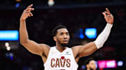 Mar 30, 2025; Cleveland, Ohio, USA; Cleveland Cavaliers guard Donovan Mitchell (45) celebrates during the second half against the Los Angeles Clippers at Rocket Arena. Mandatory Credit: Ken Blaze-Imagn Images
