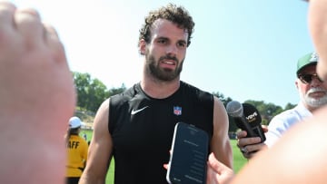 Jul 28, 2024; Latrobe, PA, USA; Pittsburgh Steelers linebacker Payton Wilson (41) talks to the media during training camp at Saint Vincent College. Mandatory Credit: Barry Reeger-USA TODAY Sports
