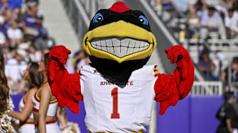 Nov 8, 2025; Fort Worth, Texas, USA;  The Iowa State Cyclones mascot poses for a photo during the game against the TCU Horned Frogs at Amon G. Carter Stadium. Mandatory Credit: Jerome Miron-Imagn Images