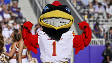 Nov 8, 2025; Fort Worth, Texas, USA;  The Iowa State Cyclones mascot poses for a photo during the game against the TCU Horned Frogs at Amon G. Carter Stadium. Mandatory Credit: Jerome Miron-Imagn Images