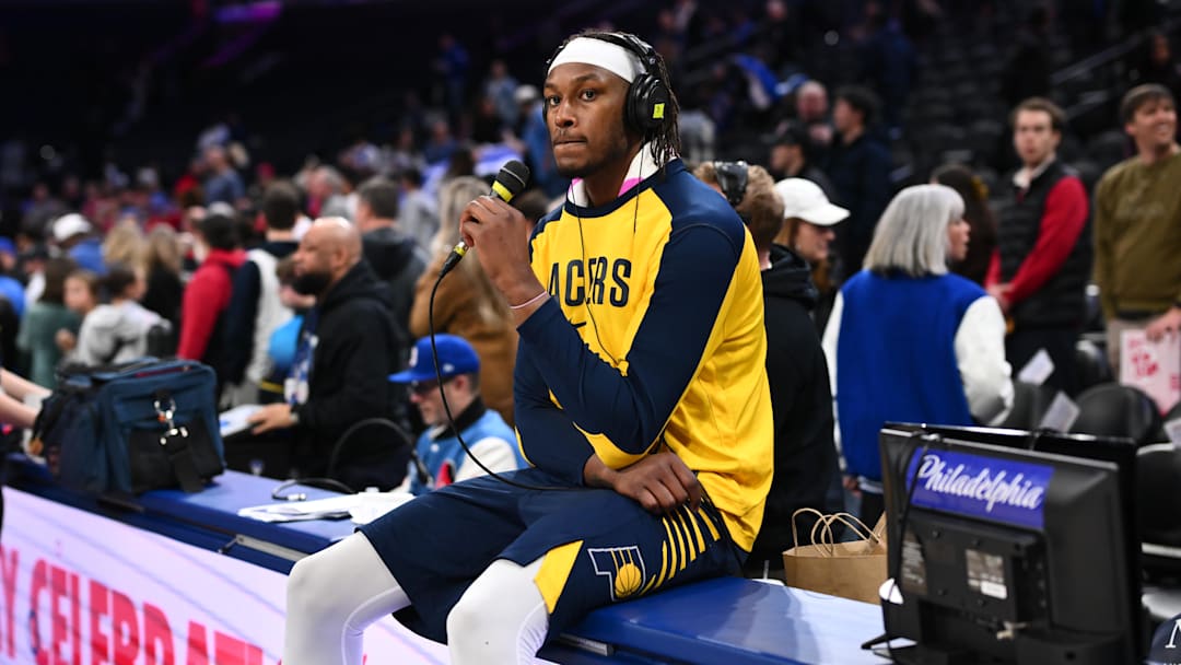 Mar 14, 2025; Philadelphia, Pennsylvania, USA; Indiana Pacers center Myles Turner (33) looks on after the game against the Philadelphia 76ers at Wells Fargo Center. Mandatory Credit: Kyle Ross-Imagn Images