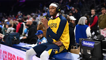 Mar 14, 2025; Philadelphia, Pennsylvania, USA; Indiana Pacers center Myles Turner (33) looks on after the game against the Philadelphia 76ers at Wells Fargo Center. Mandatory Credit: Kyle Ross-Imagn Images