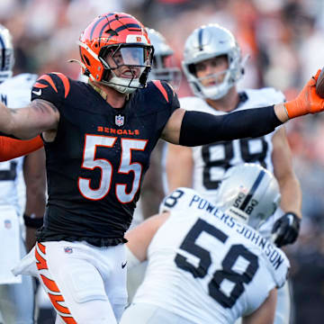 Cincinnati Bengals LB Logan Wilson celebrates after recovering a fumble against the Las Vegas Raiders.