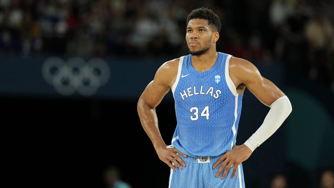 Aug 6, 2024; Paris, France; Greece small forward Giannis Antetokounmpo (34) looks on against Germany during a menís basketball quarterfinal game during the Paris 2024 Olympic Summer Games at Accor Arena. Mandatory Credit: Kyle Terada-USA TODAY Sports